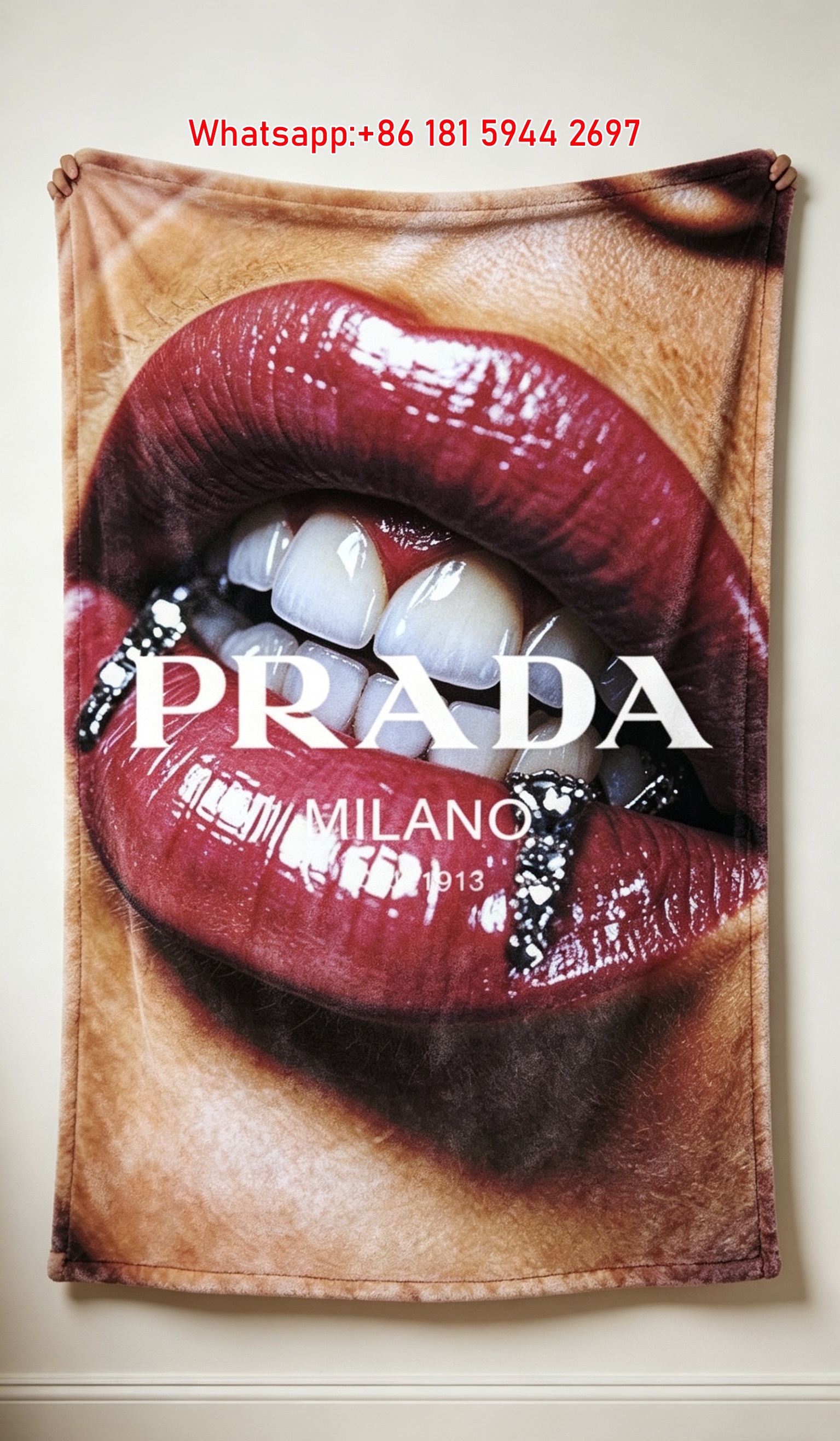 Prada Deep Red Lips with Diamond Grill Print Flannel Throw Blanket IMG_2802